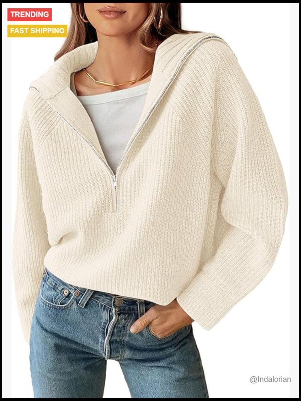 Quarter Zip V Neck Pullover Sweater Ribbed Knit Long Sleeve Loose Casual